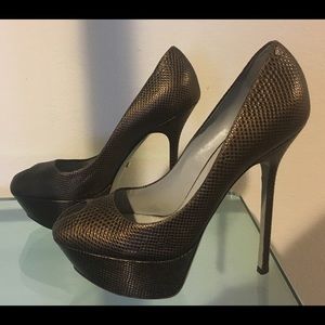 Sergio Rossi Snake Embossed Leather Peep Toe Pumps
